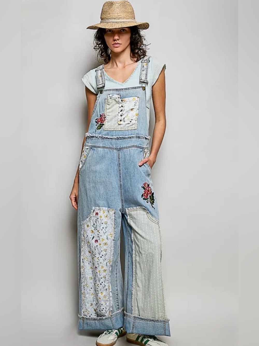 POL Light Blue Patchwork Denim Overalls with Floral Appliqué NWOT